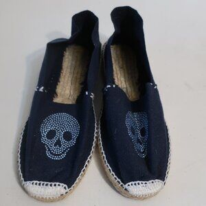 NWT Womens Cousu Main Navy Blue Flat Espadrilles W/Rhinestone Skull 9/EUR 40
